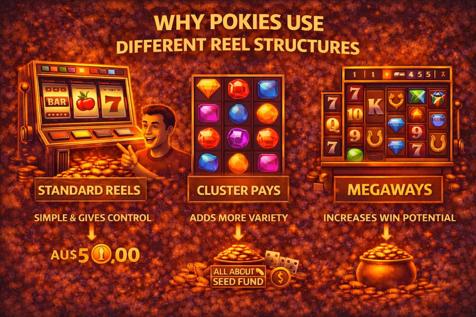 infographic showing why pokies use different reel structures